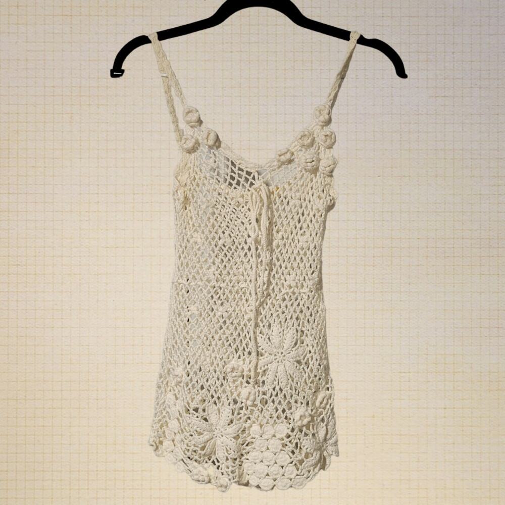 Boho Crochet Floral Beaded Neckline Spring Cover-up Top XS Fairycore Knitwear
